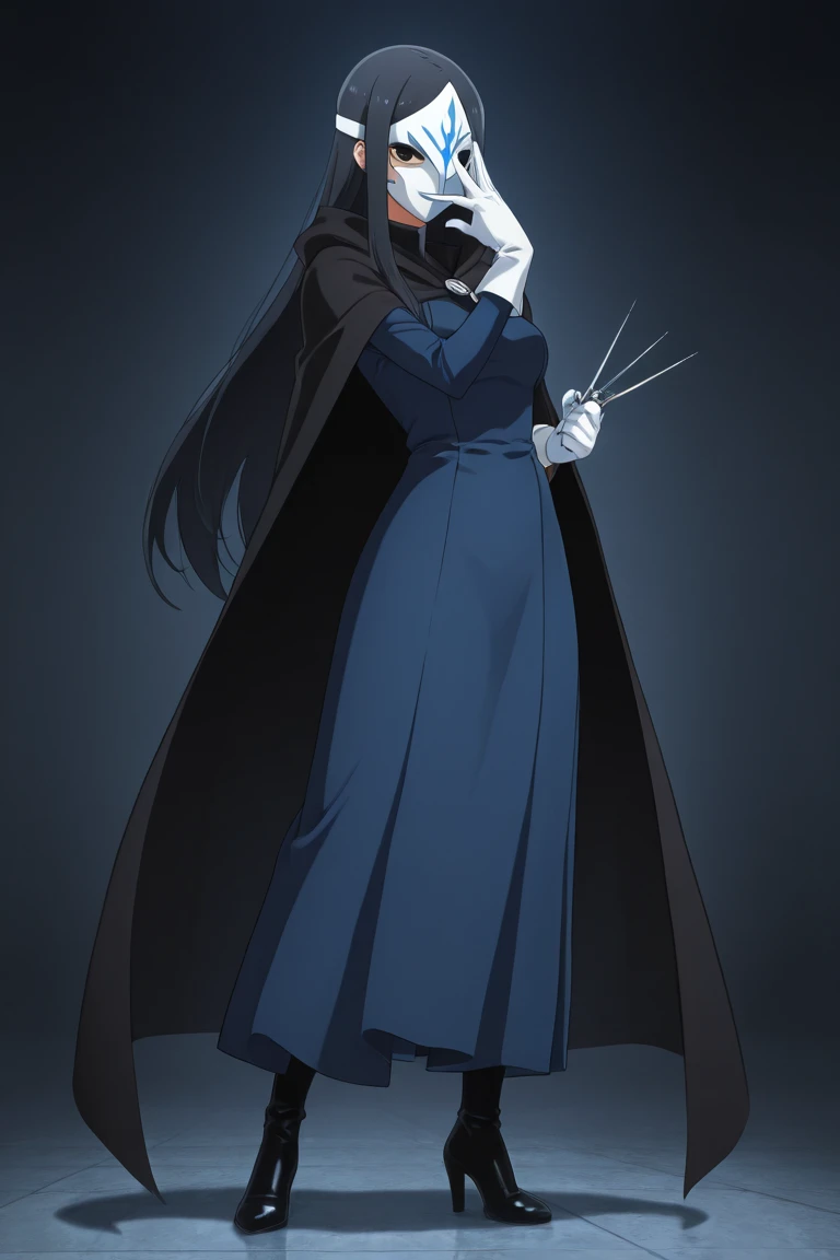 high resolution, masterpiece, necessary, detail, best quality, quality, necessary, details, High details, Precise, 
 
1girl_ ufotable style, ufotable anime

(Solo), 1girl, faceless, mask covering face, white mask with black eyes and blue highlight, black h...