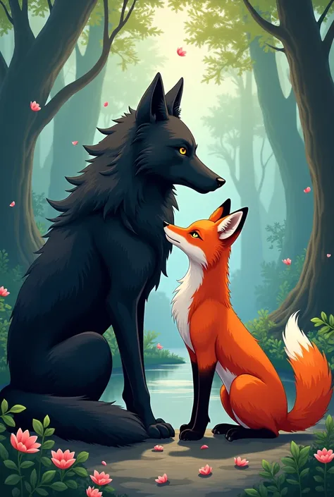 Anime depicting the love of a black wolf and a fox