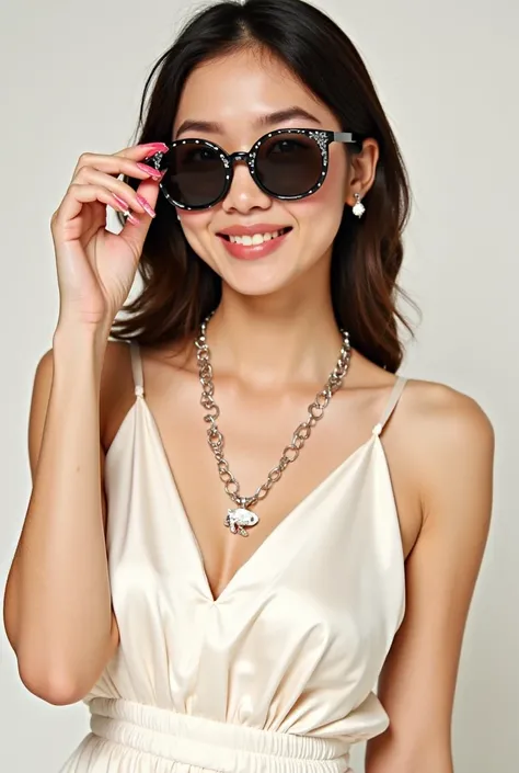 a set of products that are made up of a necklace,  sunglasses , jelly tint , set de press on nails