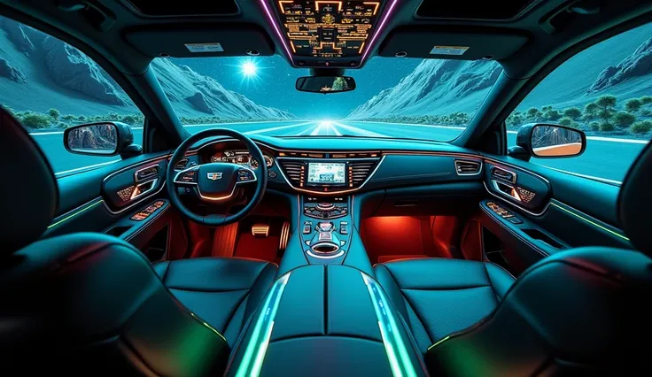 "Interior of a classic 2025 Cadillac escalade pickup viewed from inside the car, with an overload of futuristic controls and settings. The dashboard is crowded with an array of holographic displays, digital touchscreens, and glowing buttons, making it look...