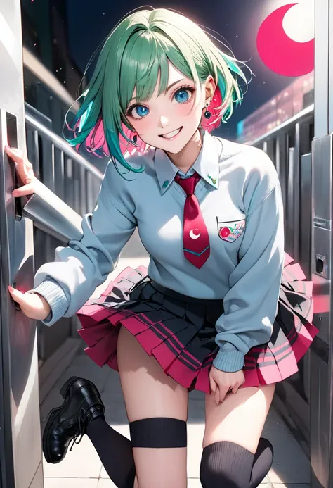  high school girl　1 person　 with a cheerful smile　 station turnstiles　 vivid pink rounded short hair　 vivid pink eyebrows 　Large blue-green collared shirt 　 red and black oblique necktie 　 blue-green pleated skirt 　White long sleeve sweater　Gray socks up t...