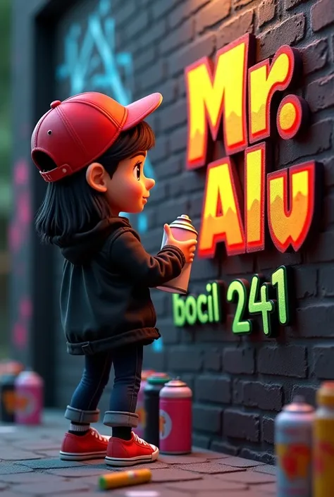 A charming 3D animated medium shot of a stylish young girl with dark hair wearing a red baseball cap, black jacket, and red sneakers. She is spray-painting a vibrant graffiti-style logo with the words "Mr. Alu" and below the words "bocil 241" in bright, bu...