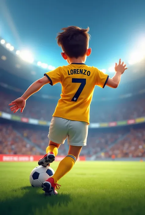 Create an hyperrealistic cartoon image of A playful boy, written the name {Lorenzo} on his shirt, posing, in a breathtaking move, scoring a goal with the most beautiful football suit, lemon shirt and white short number 7, into a shining stadium surrounded ...