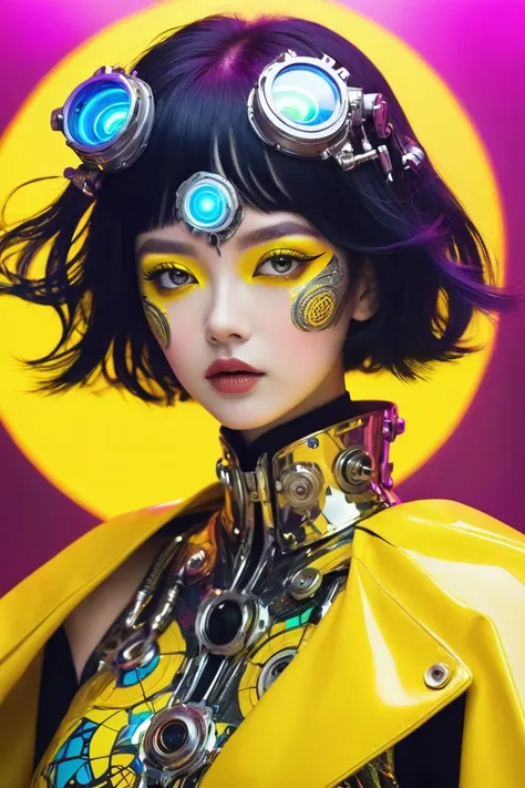 Wear a yellow cape with a psychedelic pattern、A woman in mechanical cyberpunk fashion, wearing gorgeous accessories and flashy eye makeup