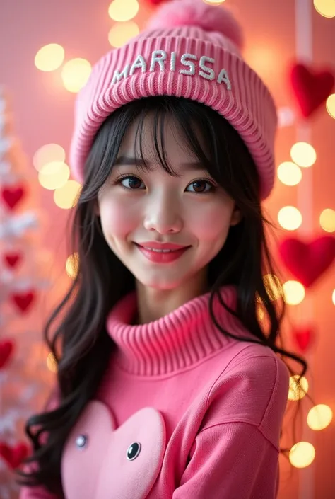 A photo realistic young Korean woman aged 20 year with black hair, large black eyes, pink lips, and a shining face. The character wears a pink hat embroidered with the name "MARISSA" and a pink Valentine's sweater with a large heart. The character radiates...