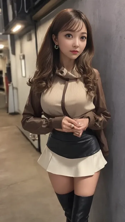 (((Many layers:1.2-flare mini skirt)))、leather blouson 、(thigh-high:1.3 Heel Boots )、 straight medium hair 、 blond hair、 Natural Wave 、Medium breast、 skinny body、Earrings、 standing leaning against a wall、 gaze to God、random wall pattern 、Belly button peek、...