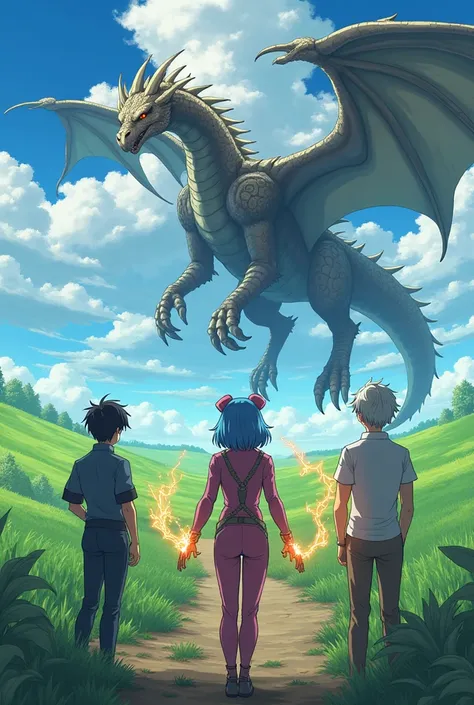  Epic anime scene ,  filled with magic and fantastic elements , } unfolds against the backdrop of endless green fields under a radiant sky ,  where the air is permeated with energy .  Three characters are in the foreground ,  their destinies are strikingly...