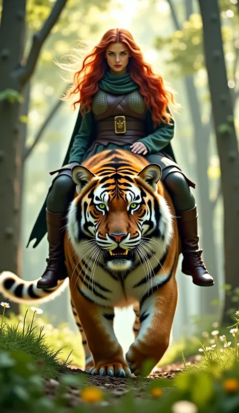 Long shot: A red-haired, green-eyed Viking woman emerges from the landscape in a sunny forest, riding confidently on a giant tiger as she heads toward me. The summer setting is bathed in soft lighting and shallow focus, emphasizing his fluid movements, det...