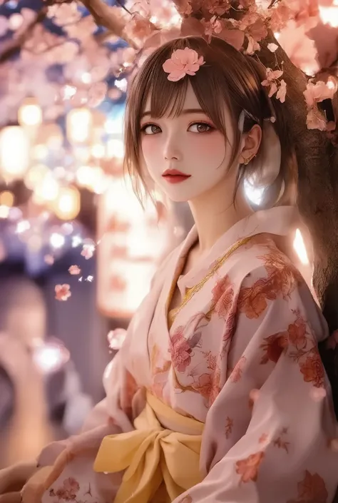 masterpiece, best quality, ultra-detailed, photorealistic depiction, intimate and cinematic composition, a blushing girl in a floral-patterned yukata with intricate embroidery, her shy expression captured with lifelike precision, soft, short dark brown hai...
