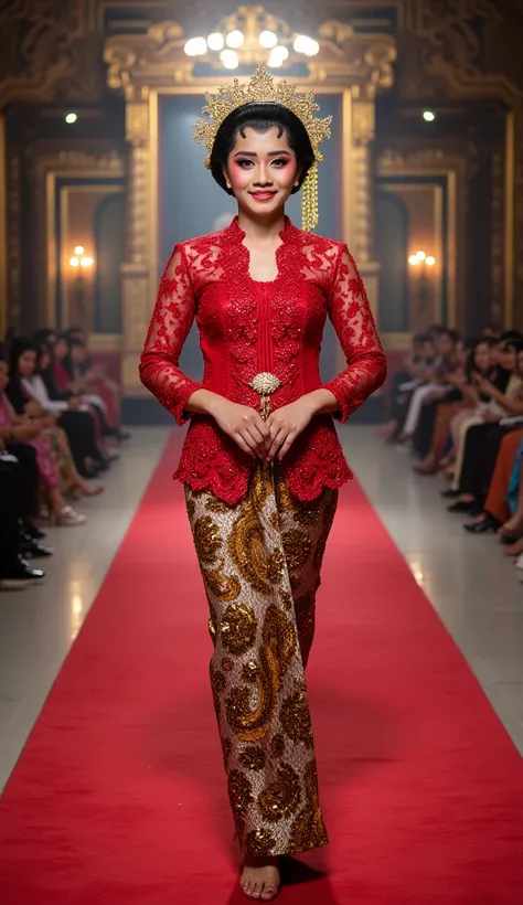 photo of a beautiful Indonesian girl with white skin smooth manicured face with open nose eyes open smiling facial expression posing standing hand nails clearly visible detail wearing red color nail art.on the long red carpet of the catwalk gracefully in a...