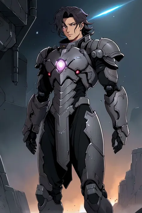 The clothes inside are dark，Clothes with metal technical parts,Tech Armor )     technology  Repulsors, light armor   vast,  gauntlet,  anime , energy  beam  gauntlet  , male , 