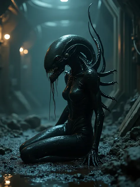 Xenomorph hybrid with a female ,coiled up in a puddle of black goo,spaceship environment,dark surreal photography, dark art,dark realistic art, melancholic atmosphere, cosmic horror 