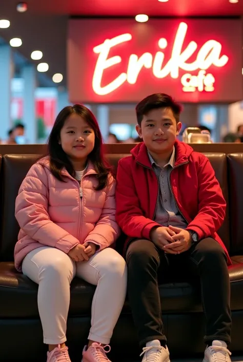 an Indonesian woman with long hair, chubby, 28 years old, wearing a pink jacket and white jeans, wearing sneakers, sitting with a small Indonesian girl aged s, chubby, wearing a pink jacket and white jeans, wearing sneakers, also sitting with a 28 year old...