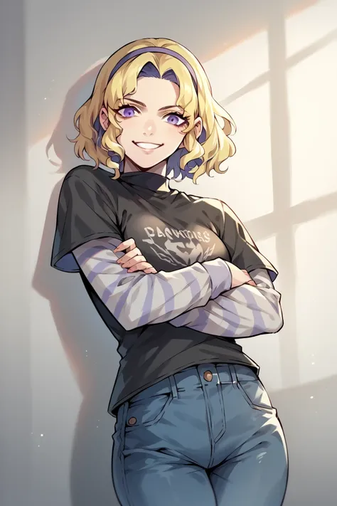 1 girl, solo, black short sleeve t-shirt, layered sleeves, white long sleeves, jeans, defConstance, blonde hair, purple eyes, black t-shirt over white long sleeves, confident smile, large breasts, striped sleeves