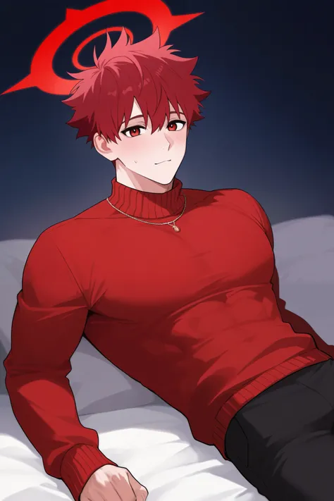 1 boy, Spiky short hair, Red hair, red eyes, but not bright, muscular, wear a red sweater outfit, have a red halo, Looks playful