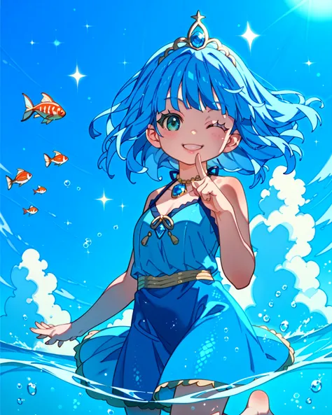 Sparkling night view、One mermaid girl(  pees on a very young  、 blue hair(( dark blue and light blue gradation)、( long、 straight hair))、blue dress bikini、 kind smile、 wink、 putting fingers on lips 、barefoot)、 Fantastic(blister、 glitter)、 Fantasticな夜空、 sky ...