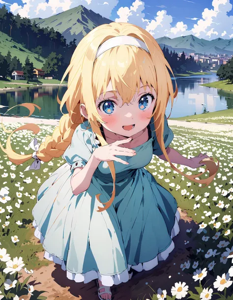 Alicesburg,  Alice Sberg , Alone,bangs,  blue eyes,   blond hair,  smile,blush, open your mouth, hair between eyes, Very long braids,  single braided , headband, white  headband,yellow off-the-shoulder dress,Medium breast, white long skirt, cute heeled san...