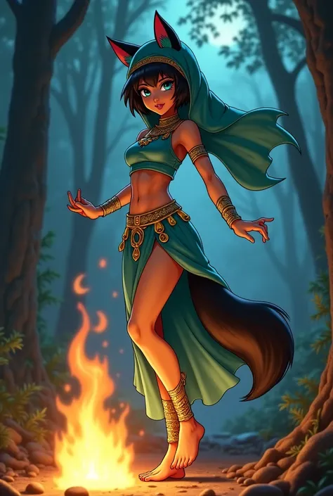 Background: a fantasy forest, night, Brown-skinned girl with short black hair with tufts of cyan hair, cyan eyes,  with wolf ears and tail, wearing a veil(that covers her face ), aqua-green crop top with gold details,a skirt with golden details up to the a...