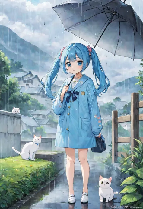   light blue long hair、   a small character with twin tails   、Rainy landscape、  I'm looking at 。 The little character is holding a transparent umbrella、A cute cat is a small character   