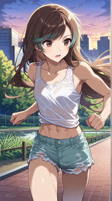  (Masterpiece, best quality), intricate details, JK,, close up, focused expression, running, brown eyes, very long brown hair with teal highlights, sweat, white tank top, abs, ripped jean shorts, light blue jean shorts, ((long swept bangs)), small breasts,...