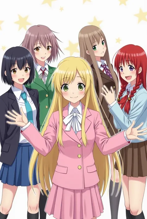 Five girls from a Korean group, one with short black hair and a cool outfit, the other with blond hair and a pink outfit, the other with long hair and bangs and a green outfit, while the other with red hair is in a more brown outfit and all with anime scho...