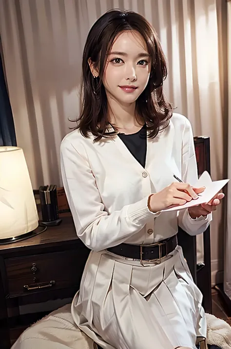 (cowboy shot), from front, looking at viewer, nsfw, 
(((Sitting at the writing desk, she writes a heartfelt letter:1.2))), 
1 woman, slender, shiny skin, happy smile, 
long hair, 
(School uniform), (White shirt), (Beige cardigan tie at waist), ((Clevis, un...