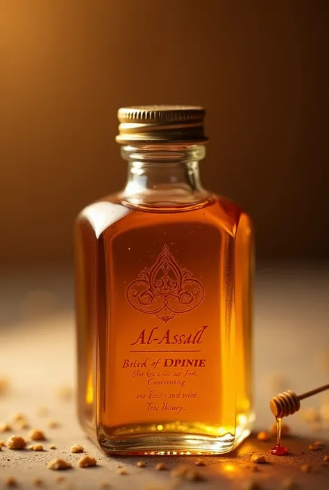  A small glass bottle advertising the honey product, In Rouge, And his name is Al-Assad 