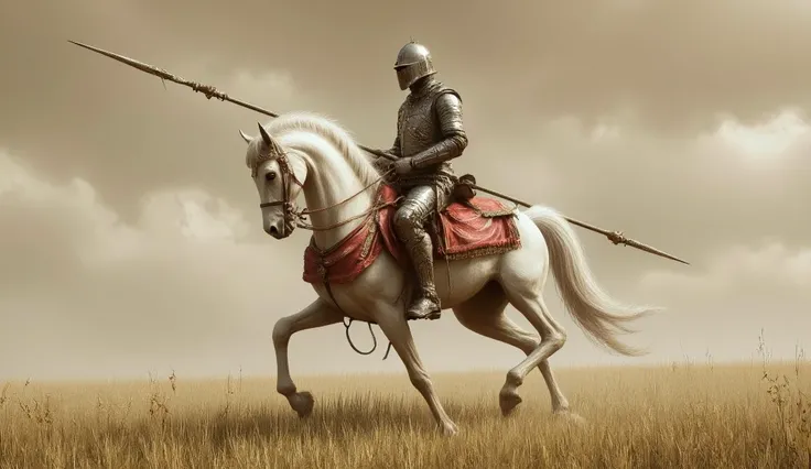 The Hussar. a Polish knight on a graceful white horse. A long spear with a sharp tip in the hand of a hussar. silver armor with scarlet fabric and elements. the wild steppe. pale green grass. beige sky with brown clouds.