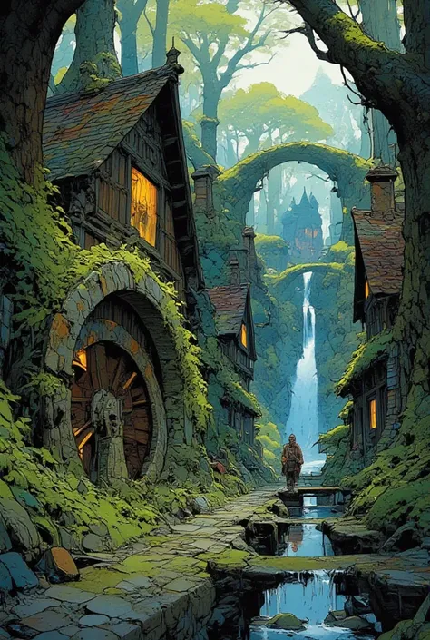      high fantasy、    forest landscape with moss and a magically sparkling river 　  Hobbit houses are lined up side by side    　 Waterwheel、Ivy and Moss  , Cobblestones 、    The river has a channel   ,   waterfall cascading down   。 Adventurers are walking...