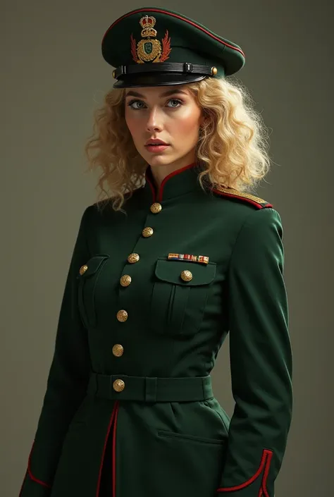  agers age  female ,  curly blonde hair ,  blue eyes,  big eyes small nose , You have beautiful skin, His expression is serious ,  wears the standard uniform of the imperial army ,  who is dark green .  The uniform includes a buttoned jacket with a high co...