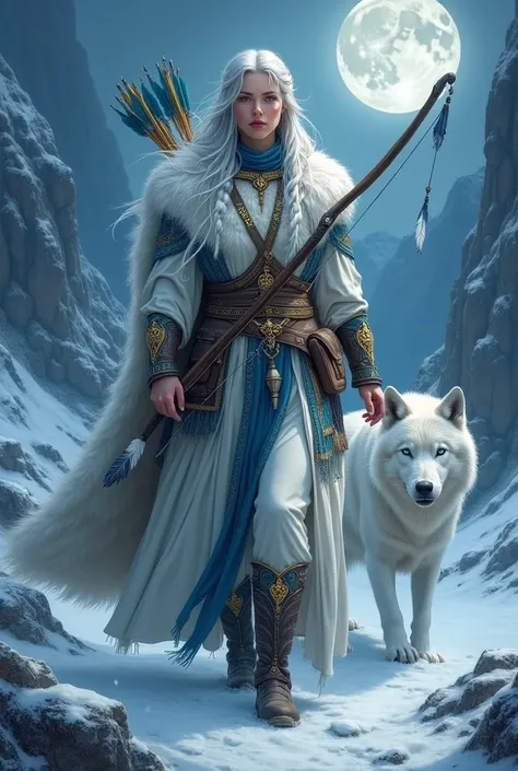 *cena**:  A dramatic and atmospheric painting by Skaði ,  the goddess of winter and mountains ,  in a icy and majestic setting .  The composition is dominated by cool shades of blue ,  logo ,  with golden details that shine under the moonlight .  The prese...