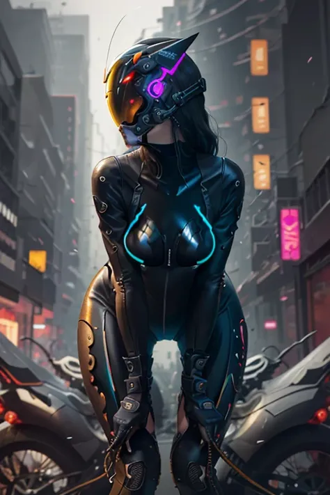 solo, Raw photo, realistic, masterpiece, best quality, high resolution, ultra detailed, offical arts, unity 8K wallpaper, offical wallpaper,  moody atmosphere, chiaroscuro, celty, 1girl,1female, helmet, bodysuit, black bodysuit, skin tight, biker clothes, ...