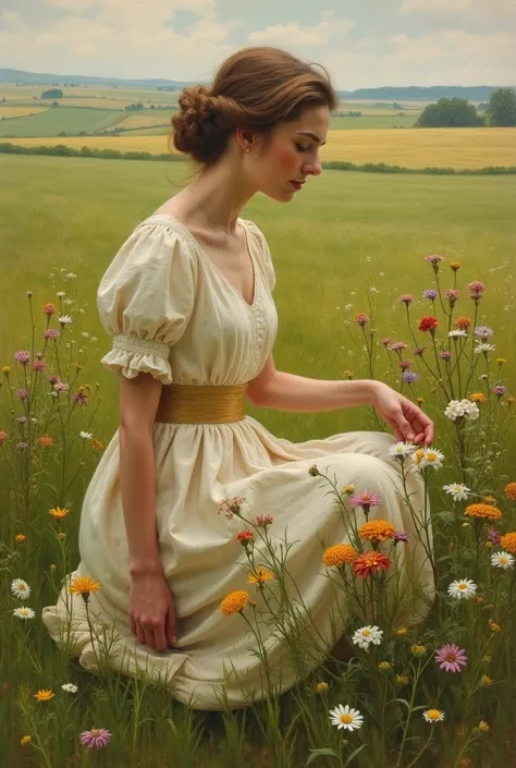 old painting, Woman picking flowers in a field 