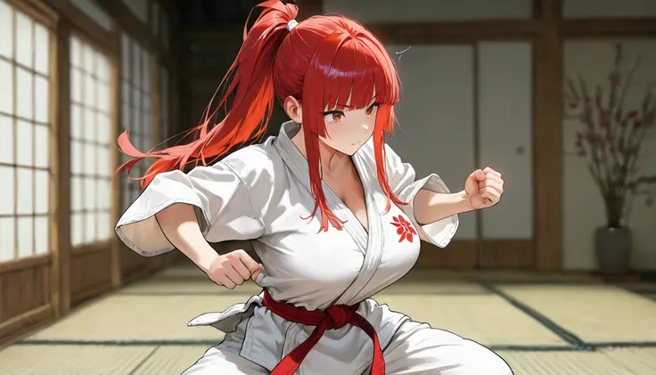 red hair, hime cut, ponytail, long hair, eyes, white dougi, large breasts, tatami, red belt, masterpiece, best quality, amazing quality, detailed background, intricate details, long sidelocks, [[[fighting stance]]], disapointed