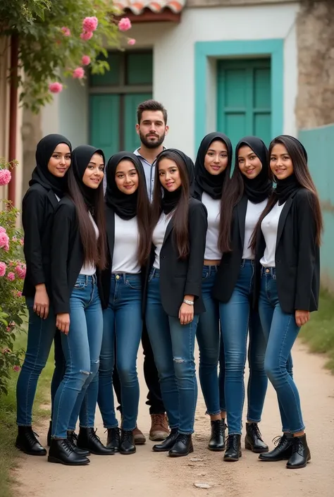 Nine beautiful white girls from Italy, in hijab and black long hair ,tiny,graceful ,tight t-shirt , open blazers jacket ,  tight blue jeans , black shoes ,  a handsome man on the back ,  gathered side by side on a rural dirt road  ,  to the right of shabby...