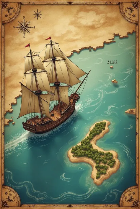 old map with a ship figure going to an Island named Zamal landscape
