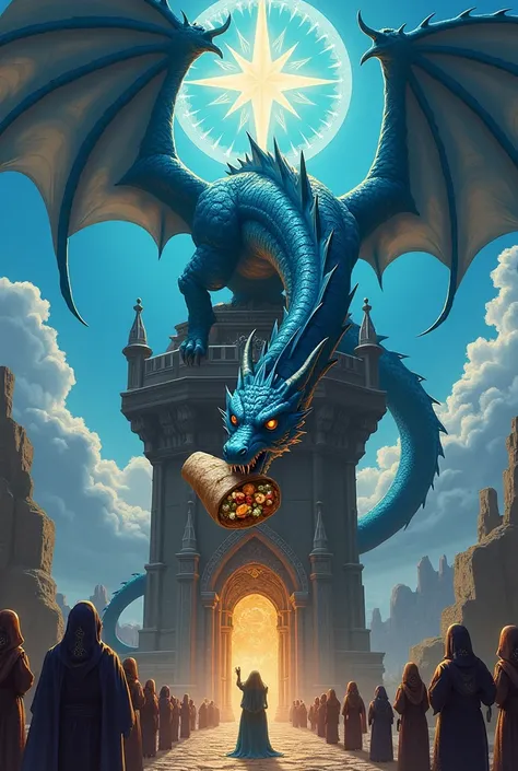 [Giant blue dragon siting on tower eating a burrito][logo-burritoverse above the tower][cultist around the burrito tower in robes] [t-shirt design]