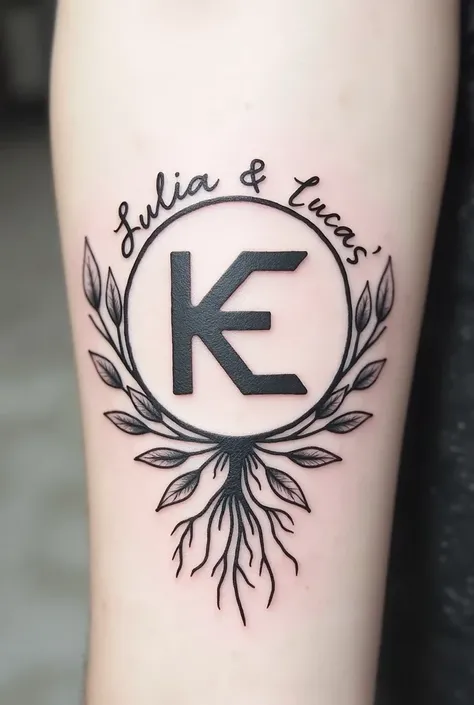 A modern tattoo design in minimalist style .  A central circle with the letters K and E intertwined in fine geometric lines.  around the circle ,  the names' Julia 'and' Lucas' written in delicate cursive font .  Stylized leaves and abstract roots come out...