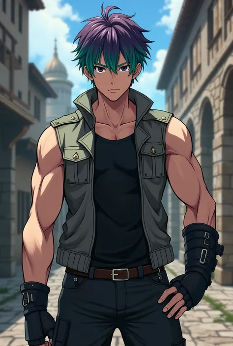  Anime boy, Medieval style,  Green hair with purple tips,  black eyes , sleeveless military gray jacket ,  muscular , black pants  ,  Black Shirt, armor