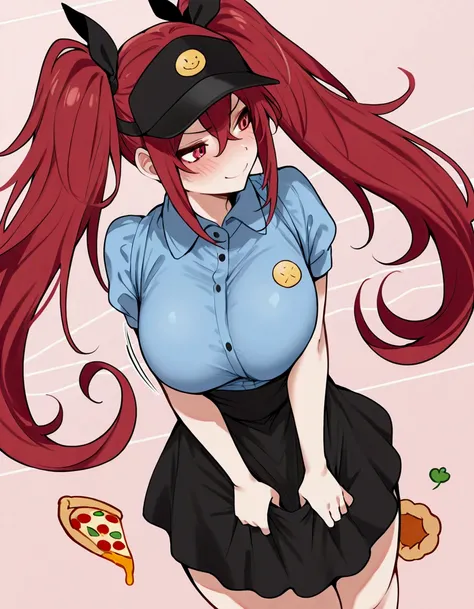 masterpiece, 1 girl, solo,red head, thicc Twin tails, tall, , long Bang, tsundere, blush, blue tshirt of waitress, black skirt,black cap of pizza job, around perfect buttocks,saggy Big breast, small waist, red eyes,thicc legs, long hair,, blush,, around hi...