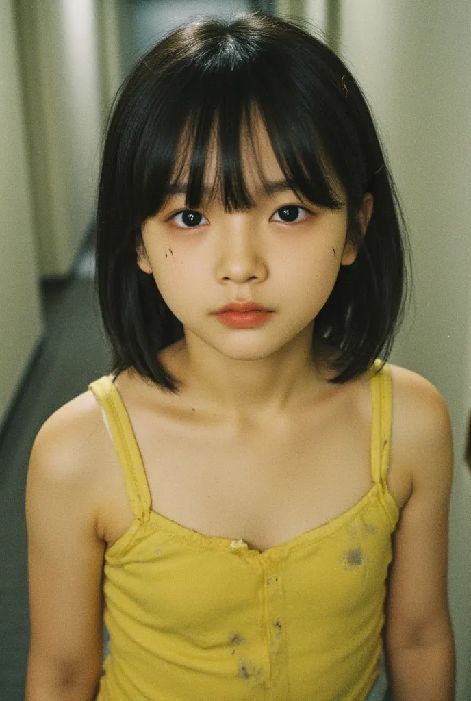 Elementary school girl, has bangs,Hairstyle with visible ears, Dirty Yellow Tank Top, Snapshot, rough skin,The outer hallway of the apartment, Tokyo 