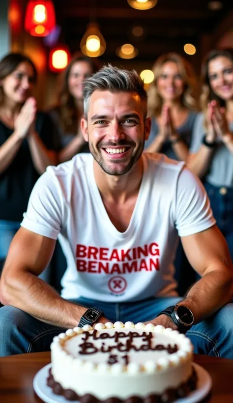 Masterpiece. Happy 28 years old young man, athletic, brown eyes, ((short, military style, grey hair)), clean shaven face, pink full lips, (subtle smile), fair skin, ((white V-neck t-shirt, cut out, with "Breaking Benjamin" logo and text written in red)), b...