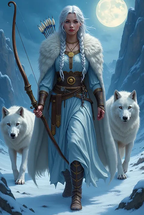 *cena**:  A dramatic and atmospheric painting by Skaði ,  the goddess of winter and mountains ,  in a icy and majestic setting .  The composition is dominated by cool shades of blue ,  logo ,  with golden details that shine under the moonlight .  The prese...