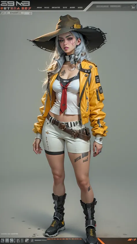 unreal-engine:1.4,Ultra-realistic 64K CG, Fotorrealista:1.4, Skin texture:1.4, tmasterpiece:1.4,cyber punk style，Beautiful woman in hat，cowboys，long whitr hair、Yellow cyberpunk-style shorts, Red pantyhose , The miniskirt is blue,