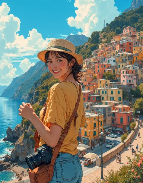 (best quality,8k,realistic,photorealistic:1.2), Hot summer, Chin Quetere Manarola village, nice sky and clouds, nice weather, A beautiful woman smiling brightly with a DSLR camera In Light, freckle, upper body angle, traveler