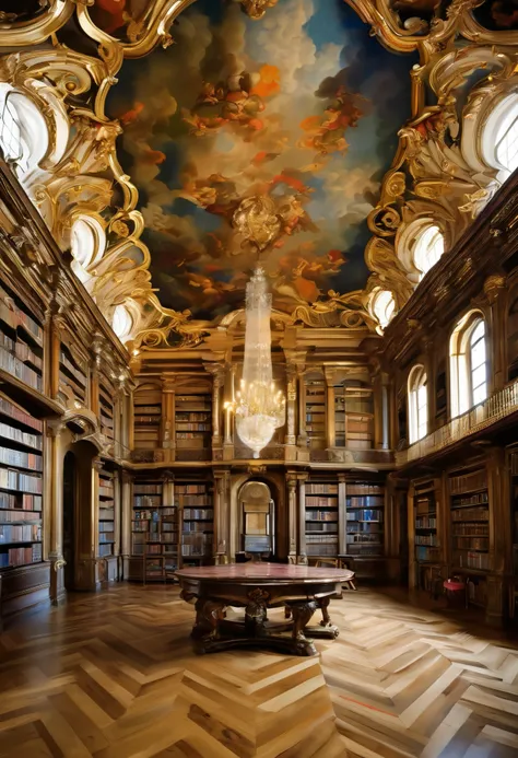  An arafe room with a digitally rendered ceiling and a painted ceiling by, Baroque environment, Baroque architecture,  Baroque Interiors , Grand Library, Rococo Architecture , German Renaissance style , Castle Library,  Baroque Symmetry ,  There is also a ...