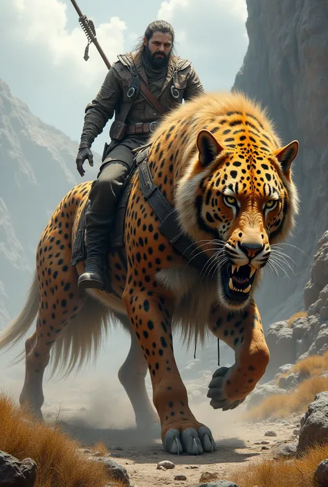  I now need a giant animal the size of a horse,  riding animal , Mixing a giant wolf ,  with its large fangs , being a hybrid ,  with the fur colors of a jaguars.  with the big fangs and coming out of the mouth,  like saber-teeth please , um  riding animal...