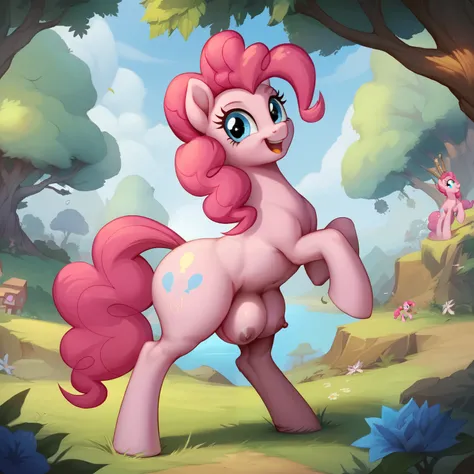 score_9, score_8_up, score_7_up, score_6_up, score_5_up, source pony, Ponka, nsfw, solo, my little pony, mlp, pinkie pie, detailed forest background, cute face, huge butt, horse teats, breasts, like a blimp, wide hips, big ass, tetrapod, for legged, 4hoove...