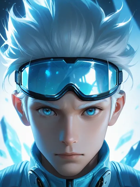 White-haired male, icy blue eyes, futuristic winter gear, reflective details, goggles on head, dynamic hand reach, soft lighting, anime realism, ultra-detailed, cinematic composition.