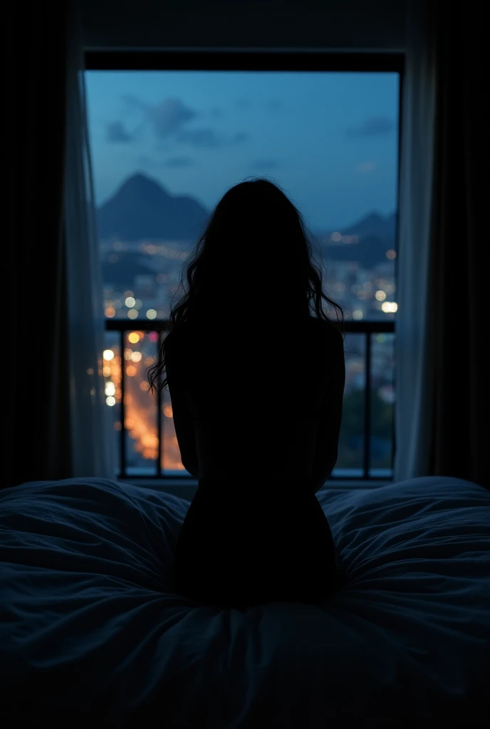 the silhouette of a woman with long wavy hair, the silhouette is kneeling on top of a double bed in front, dark environment, behind there is a balcony overlooking Rio de Janeiro at night. Bottom-up angle